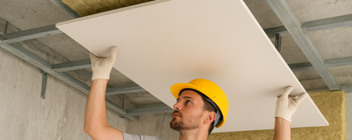 سقف کاذب کناف دو لایه در حال نصب، با نمایش لایه عایق صوتی