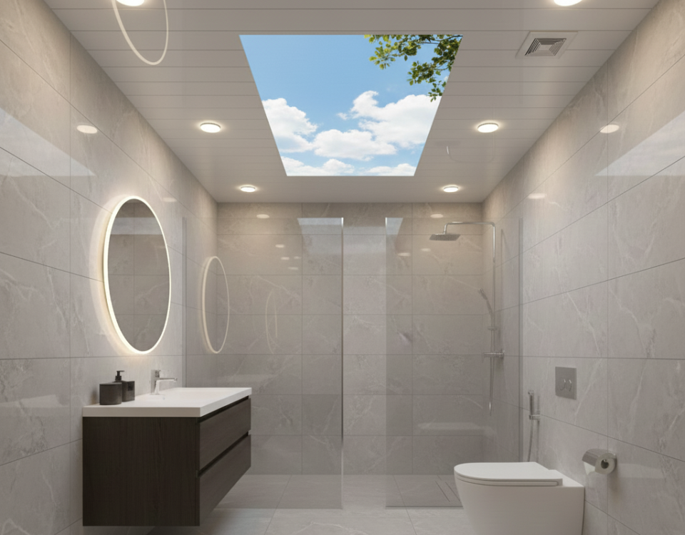 سقف کاذب PVC ضد رطوبت و مدرن حمام با تایل آسمان مجازی و نورپردازی توکار